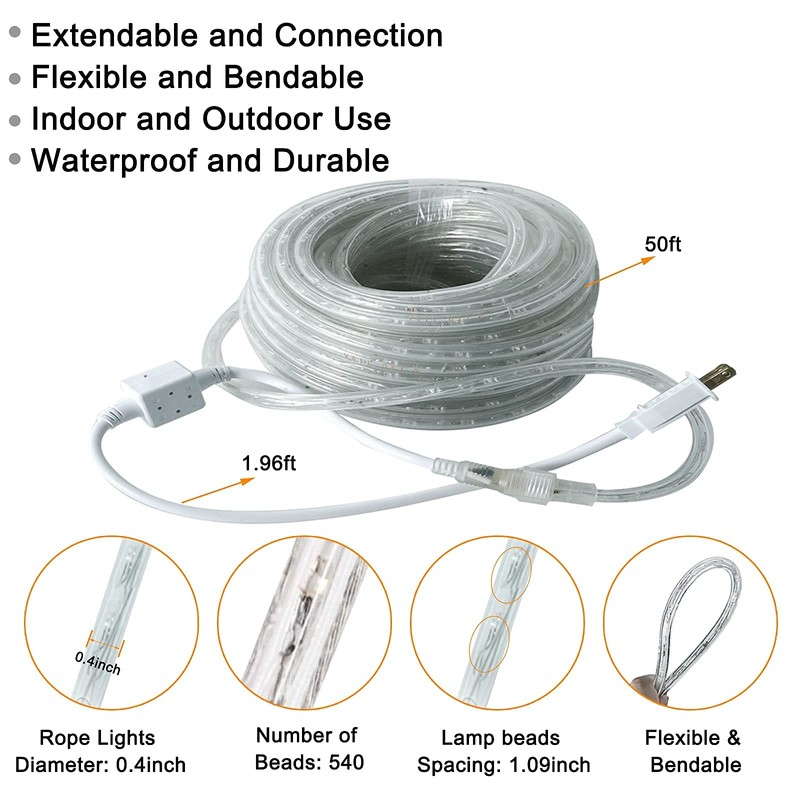 SURNIE Rope Lights Outdoor Waterproof Daylight White: LED 50FT Cuttable