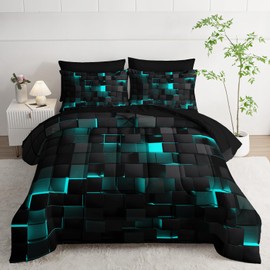Nttopship Geometric Turquoise Black King Comforter Set,Light Honeycomb Bedding Set 7 Piece in A Bag,Bed Sheet Set Geometry Decor,Microfiber Lightweight All Season