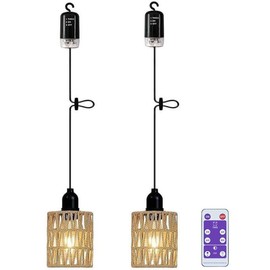 EcoGehen 2 Pack Battery Operated Pendant Light Outdoor Chandelier for Gazebo Hanging Lamp with LED Bulb Rattan Shade Waterproof Lantern for Porch Patio Backyard Bedroom Kitchen Fall Home Room Decor