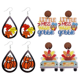4Pairs Wooden Fall Earrings for Women Thanksgiving Day Earrings Cute Pumpkin Maple Leaf Sunflower Teardrop Dangle Earrings Lightweight Fun Autumn Drop Earrings