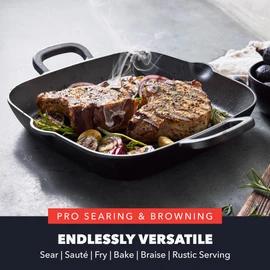 GreenPan x Bobby Flay Cast Iron 11” Square Grill Pan, Pre-Seasoned Professional Grade Heavy Duty Skillet, Helper Handles, Induction Suitable, Stovetop, Oven, BBQ & Fire, Indoor & Outdoor Use, Black