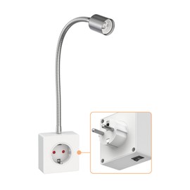 ledscom.de LESCH Socket Light/Reading Lamp, Gooseneck, Switch, Chrome/White, 1x GU10 Max. 10 W, Socket Light, Plug Light, Plug, Reading Lamp, Bedside Lamp