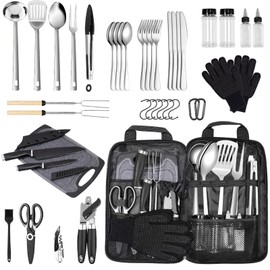Logcow Camping Kitchen Utensil Set Outdoor Cooking Set Accessories Camping Cookware Kit for Travel, RVs, BBQs Stainless Steel Portable Camping Essentials Cooking Knife Set (Grey)