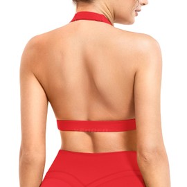 YEOREO Roxanie Women Halter Sports Bra Scoop Neck Removable Padded Open Back Yoga Workout Crop Tank Top, Red, Large