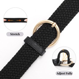 WERFORU Ladies Stretch Belt with Gold Buckle Women's Elasticated Woven Braided Belt for Jeans Pants Black