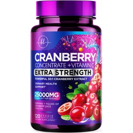 Cranberry Supplement 25,000mg Formula + Vitamin C – Urinary Tract Health Support for Women & Men, 50:1 Whole Fruit Cranberry Extract Pills for Women, Sugar-Free, Non-GMO, Gluten-Free - 120 Capsules