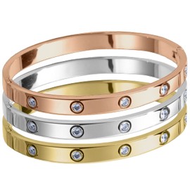 Clepsidra® Pulseras Mujer. Accesorios y regalos para mujer elegantes y resistentes. Joyeria de acero inoxidable. Brazalete ajustable. Gift (3 Piezas - Dorado, Plateado y Rosé)
