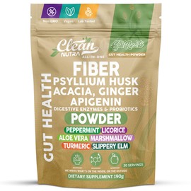 Clean Nutra Gut Health Powder with Fiber, Psyllium Husk, Acacia, Ginger, Apigenin, Peppermint, Licorice, Aloe Vera, Marshmallow, Turmeric, and Slippery Elm – 30 Servings, 190g, Vegan, Non-GMO