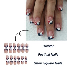 CEWEWP 4th July Fake Nail Independence Day Press on Nail Short Wave Point Big Stars Fake Nail Design Square Glue on Nails for Women Girls Stick on Nails with Glue Reusable Full Cover Gel Nail -24pcs