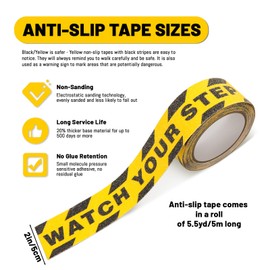 Huakaile Watch Your Step Caution Tape 1.97in x 16.4Ft, Non Skid Tape Yellow Black Waterproof, Anti-Slip High Traction Safety Grip Tape for Stairs Steps Ladder, Indoor Outdoor Treads (A)