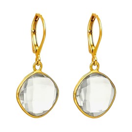 GEMPIRES Clear Quartz Dangle Earrings for Women 14k Gold-Plated Cushion Crystal Leverback Drop Hypoallergenic Lightweight Minimalist Jewelry Healing Stone Gift