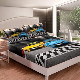 Loussiesd Sports Car Bedding Set Extreme Sports Decor Bed Sheet Set for Kids Boys Yellow Blue Race Car Bed Sheets Cool Speed Competitive Racing Car Fitted Sheet Bedroom Collection 3Pcs Double Size