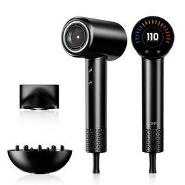 Hair Dryer CONFU Negative Ionic Blow Dryer 110000 RPM High-Speed Motor Hairdryer for Fast Drying, Low Noise Thermo-Control Hair Dryers with Magnetic Nozzle, Diffuse for Home, Travel (Dark Black)