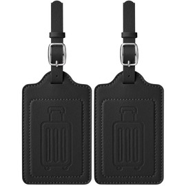 Teskyer Leather Luggage Tags for Suitcases, TSA Approved Luggage Tag with Privacy Protect Flap Cover, 2 Pack, Black