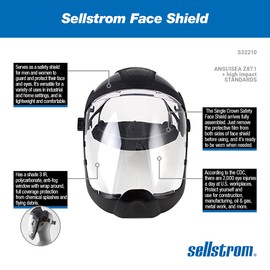 Sellstrom Face Shield Safety Mask, Shade 3 IR Tint, Polycarbonate Anti-Fog Window, UV-Blocking, Lightweight, Ratchet Suspension Headgear, ANSI Z87.1, Unisex, S32030