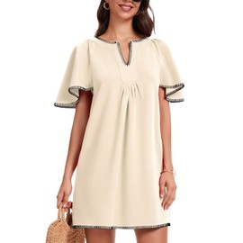 HOULENGS Women's Summer Ruffle Short Sleeve A Line Mini Dress Casual Contrast Trim V Neck Short Dress with Pockets Apricot Small