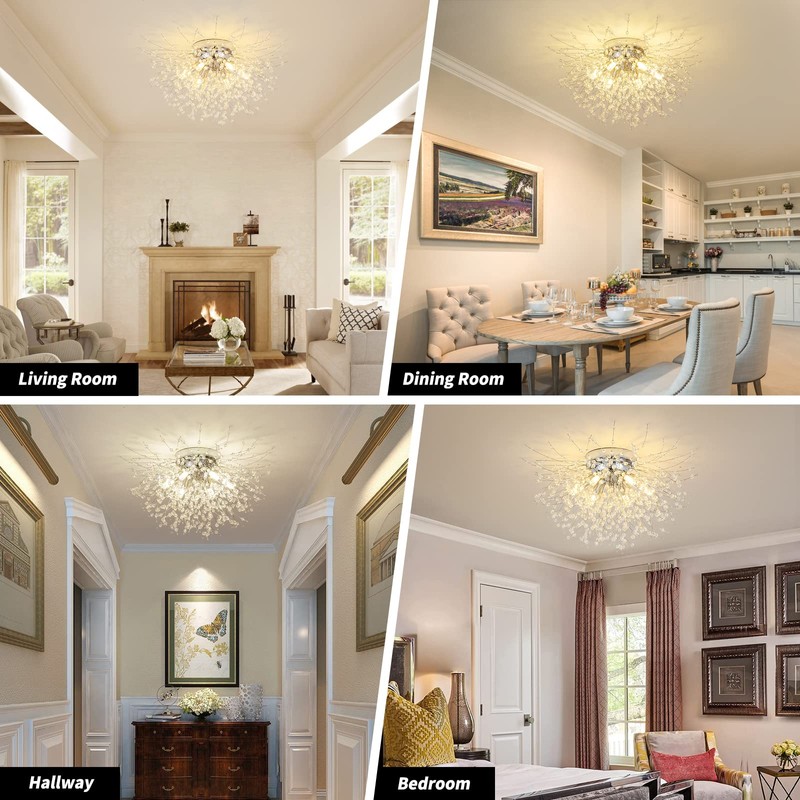Chrome Firework Flush Mount Ceiling Light Fixture, Modern Crystal Sputnik