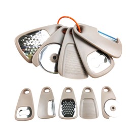 KGDUYC Kitchen Utensil Set Stainless Steel 5-Piece Kitchen Utensils, Portable Kitchen Utensils, Cheese Grater, Bottle Opener, Fruit/Vegetable Peeler, Pizza Cutter, Garlic/Ginger Mill, Camping