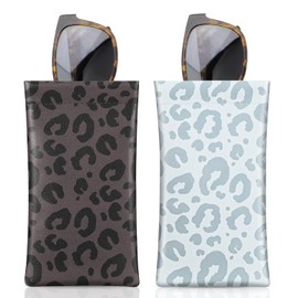 MoKo Squeeze Top Glasses Pouch (2 Pack), Portable Leather Soft Sunglasses Case Anti-Scratch Eyeglasses Bag Goggles Sleeve with Cleaning Cloth for Women Men, Gray White & Black Brown