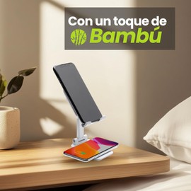 Bamboo Mobile Stand, Table Mobile Stand with Wireless Charging, Adjustable Mobile Charging Base with Wireless Charger with Fast Charge up to 15 W and Non-Slip Base