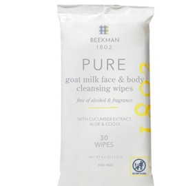 Beekman 1802 Face & Body Wipes - Fragrance Free, 30 Count, Cleanses Dirt & Makeup, With Goat Milk, Aloe & Vitamin E