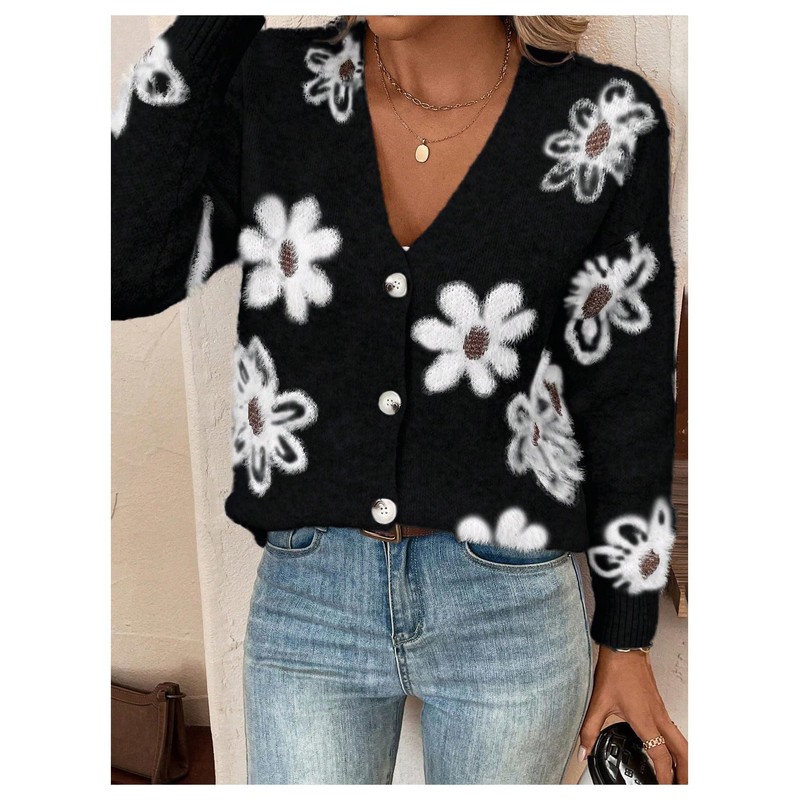 SHENHE Women's Floral Cardigan Sweater Open Front Long Sleeve Button