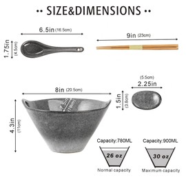 UNICASA Japanese Ramen Bowl Set with Chopsticks, Spoons and Rests, 26oz Deep Porcelain Noodle Bowl Set of 2 for Udon, Pho, Salad, Soup (Reactive Gray)