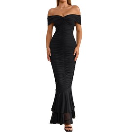 URYIAO Off Shoulder Maxi Dress for Women Ruched Bodycon Formal Wedding Guest Long Dresses L Black