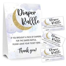 Diaper Raffle Tickets for Baby Shower Game, 1 Standing Sign & 50 Guessing Cards for Baby Shower Party Decoration, Twinkle Twinkle Gold Star.