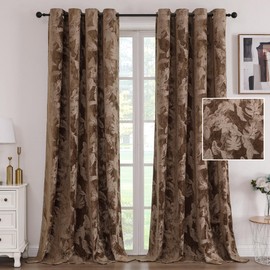H.VERSAILTEX Velvet Curtains 108 Inches Thermal Insulated Leaf Design Curtain Drapes for Living Room Grommet Luxury Interior Curtains for Bedroom Sliding Door, W52 x L108, 2 Panels, Caramel