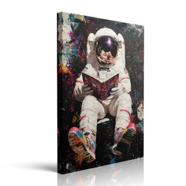 WGQNJDSD Modern Cool Colorful Graffiti Astronaut Reading in Outer Space Canvas Wall Art, Contemporary Funky Funny Pop Galaxy Theme for Living Room Home Decor Ready to Hang (16"x24")