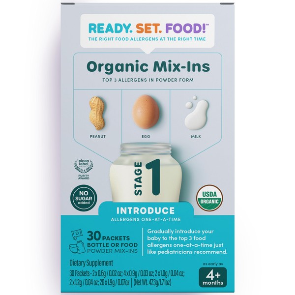 Ready Set Food | Early Allergen Introduction Mix-ins for Babies 4+ Mo | Stage 1 - 30 Days | Top 3 Allergens - Organic Peanut Egg Milk | Safe Easy Effective | For Bottle or Food | ReadySetFood