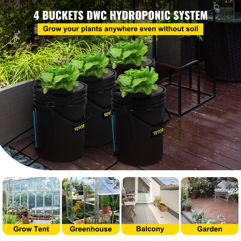 VEVOR DWC Hydroponic System, 5 Gallon 4 Buckets, Deep Water