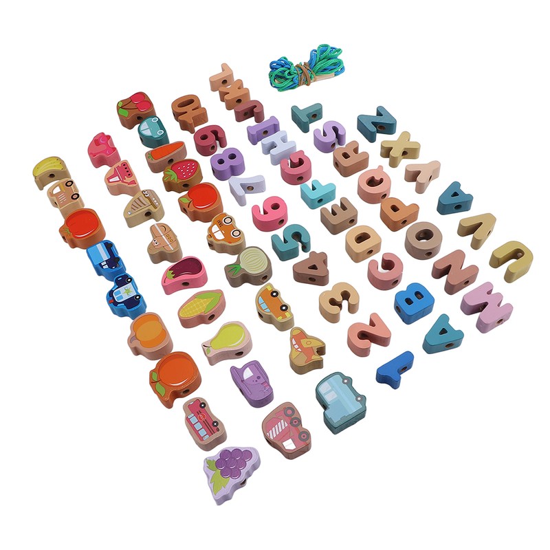 64pcs Lacing Bead Set Wooden Number Fruit Pattern Stringing Beads