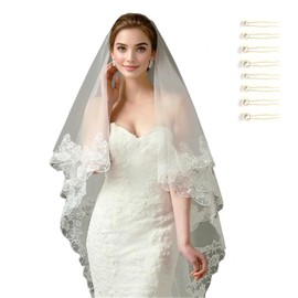 AEDNX Double Layer Fingertip Length Bridal Tulle Veil with Delicate Lace Applique and Metal Comb, White