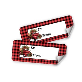 60 Old red truck plaid Christmas gift tags labels, stickers