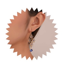 Cimenexe Bohemian Sapphire Flower Dangle Earrings Gold Hollow Flower Drop Earrings Filigree Flower Hook Earrings Ethnic Sapphire Crystal Earrings Jewelry for Women and Girls Gifts