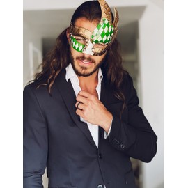 Green Gold Masquerade Mask for Men Musical Checkered Vintage Design Mask for Mardi Gras, Prom and Masquerade Party