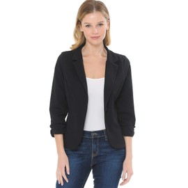MINEFREE Women's 3/4 Sleeve Lightweight Casual Work Knit Blazer Jacket Solid Black M