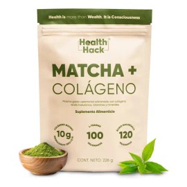 Health Hack Matcha con Colágeno Hidrolizado en Polvo, Matcha Grado Ceremonial, 10 g Colágeno Tipo I y III, 120 mg Ácido Hialurónico, L-Teanina, Vitami