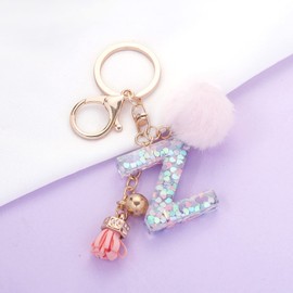 QUKE Alphabet Initial Letter Keychain for Women Girls Resin Keyring for Purse School Bag With Pink Fur Ball Pom - Z
