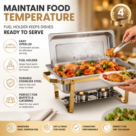 8QT Stainless Steel Chafing Dish Set for Buffets – Gold Folding Food Warmer with Full-Size & Half-Size Pans