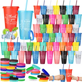 Skylety 48 Set Employee Appreciation Gift Bulk 24oz Plastic Tumbler Cup with Lid Straw Motivational Silicone Bracelet Inspirational Thank You Gift for Coworker Staff Volunteer Team Teacher Friend