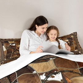 Western Texas Star Kids Comforter Set King Size,Wooden Board Cow Fur Rustic Farmhouse Bedding Set,Boys Girls Adults Room Decor,Western Cowboy Retro Down Comforter,Brown Duvet Insert,2 Pillowcases