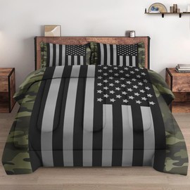 WeCozy Twin Size Comforter Set with Pillowcase, Black Military Camouflage American Flag Soft 2 Pcs Bedding for Kids and Adults Bedroom Bed Decor