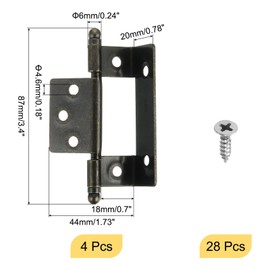 sourcing map 4Pcs Cabinet Hinges Full Inset, 3.4x0.7Inch Partial Wrap Long Axis Tip Hinge Vintage Semi-Wraparound Cover Cabinet Furniture Hinge with Screws, Bronze