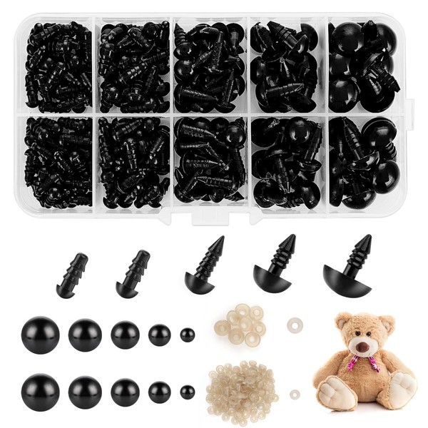 Safety Eyes for Crochet Toys, 200Pcs Assorted Size 5-12mm Safety Eyes with Washer Black Plastic Doll Eyes Toy Crochet Eyes for Amigurumi Teddy Bear Eyes Doll Making Craft with Box (5/6/8/10/12 mm)
