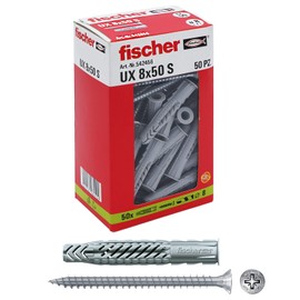 Fischer 50 x UX Dowels with Screw Solid Wall, Perforated Brick, Plasterboard, 542456, Grey, 8 x 50 mm con Vite, Set of 50 Pieces