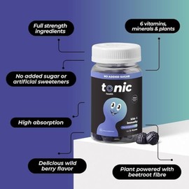 Tonic Health Tonic Health Kids Immunity Gummies - 7 in 1, Elderberry Gummies, No Added Sugar, No Sweeteners, Vitamins C, D and Zinc, Wild Berry Flavour, Month Supply (60 Count), Ages 3-12, Vegan.