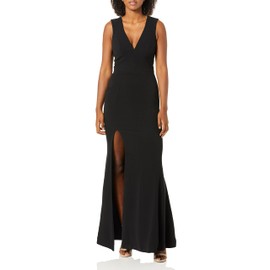 Dress the Population Women's Sandra Plunging Thick Strap Solid Gown Dress, black, M